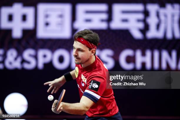 Timo Boll of Germany in action at the men's singles match compete with Jorgic Darko of Slovenska during the 2018 ITTF World Tour China Open on May...