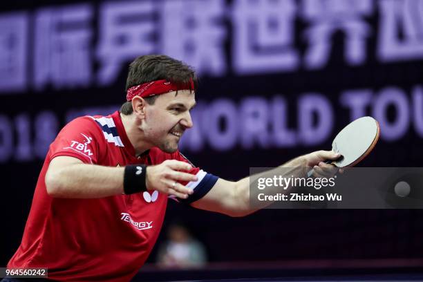 Timo Boll of Germany in action at the men's singles match compete with Jorgic Darko of Slovenska during the 2018 ITTF World Tour China Open on May...