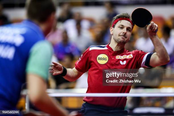 Timo Boll of Germany in action at the men's singles match compete with Jorgic Darko of Slovenska during the 2018 ITTF World Tour China Open on May...