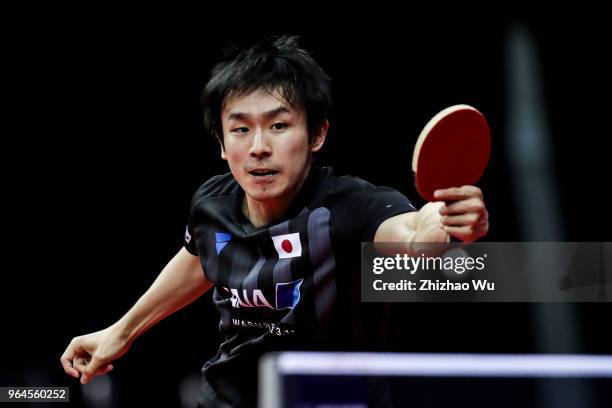 Niwa Koki of Japan in action at the men's singles match compete with Tokic Bojan of Slovenska during the 2018 ITTF World Tour China Open on May 31,...