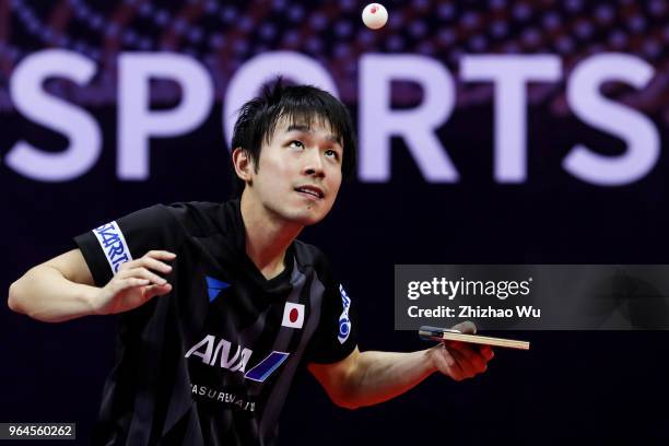 Niwa Koki of Japan in action at the men's singles match compete with Tokic Bojan of Slovenska during the 2018 ITTF World Tour China Open on May 31,...