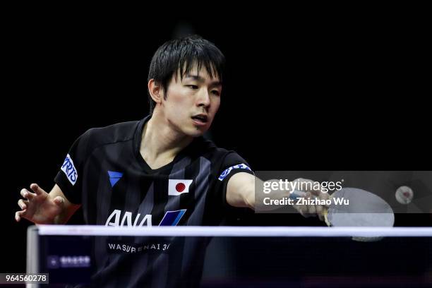 Niwa Koki of Japan in action at the men's singles match compete with Tokic Bojan of Slovenska during the 2018 ITTF World Tour China Open on May 31,...