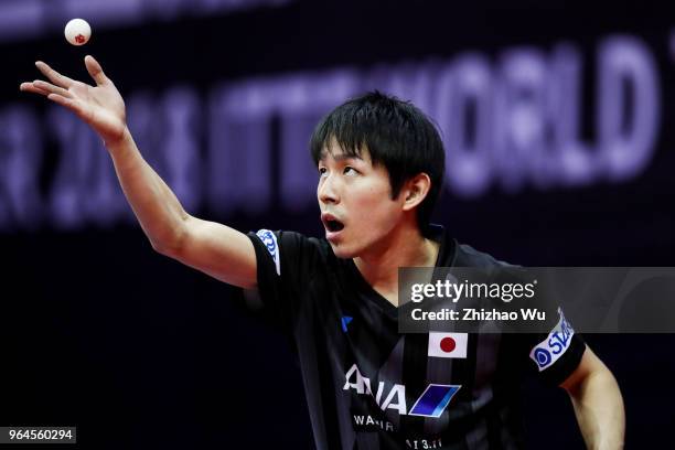 Niwa Koki of Japan in action at the men's singles match compete with Tokic Bojan of Slovenska during the 2018 ITTF World Tour China Open on May 31,...