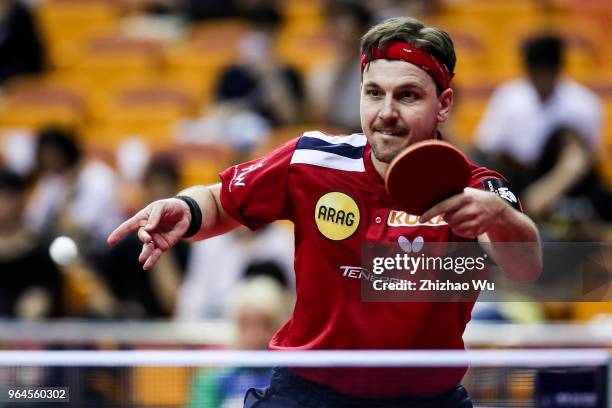 Timo Boll of Germany in action at the men's singles match compete with Jorgic Darko of Slovenska during the 2018 ITTF World Tour China Open on May...