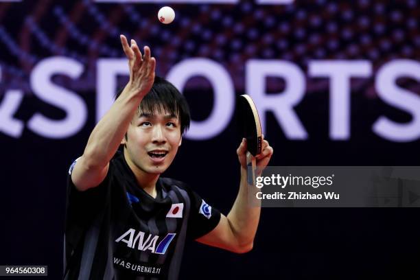 Niwa Koki of Japan in action at the men's singles match compete with Tokic Bojan of Slovenska during the 2018 ITTF World Tour China Open on May 31,...