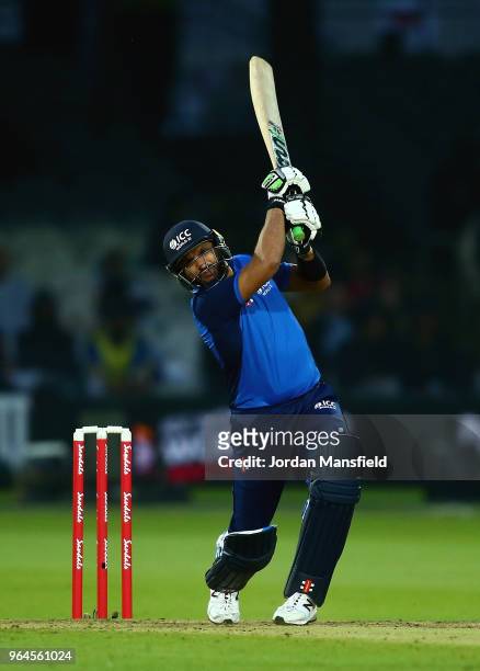 Shahid Afridi of ICC World XI bats during the T20 match between ICC World XI and West Indies at Lord's Cricket Ground on May 31, 2018 in London,...
