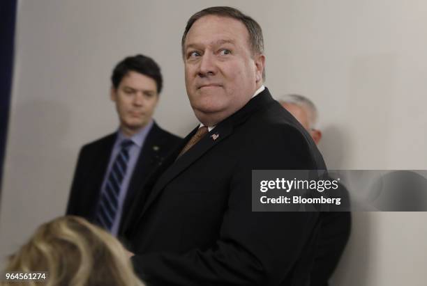 Mike Pompeo, U.S. Secretary of state, arrives for a press conference after meeting with North Korea's Kim Yong Chol, not pictured, in New York, U.S.,...