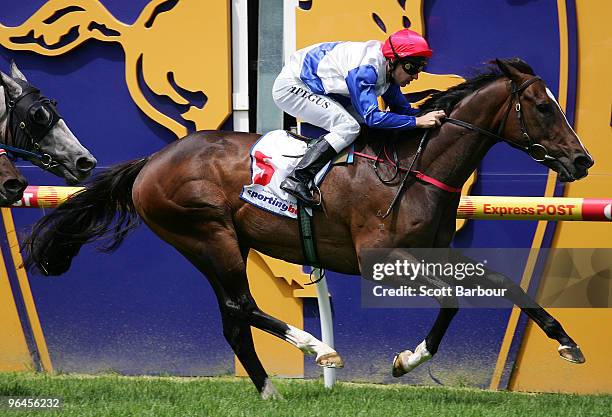 Jockey Mark Pegus riding Bolle crosses the line to win the Selangor Turf Club Handicap during the C.F. Orr Stakes Day meeting at Caulfield Racecourse...