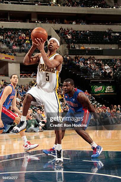 Ford of the Indiana Pacers shoots on Will Bynum of the Detroit Pistions at Conseco Fieldhouse on February 5, 2010 in Indianapolis, Indiana. The...