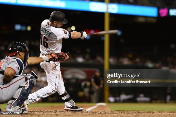 Chris Owings of the Arizona Diamondbacks flies out in the fourth inning of the MLB game against the Washington Nationals at Chase Field on May 11,...