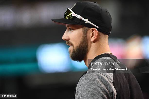 Steven Souza Jr. #28 of the Arizona Diamondbacks reacts on the field during batting practice for the MLB game against the Washington Nationals at...
