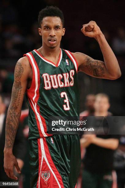 Brandon Jennings of the Milwaukee Bucks celebrates victory over the New York Knicks at Madison Square Garden February 5, 2010 in New York City. NOTE...