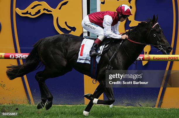 Jockey Kerrin McEvoy riding Denman crosses the line to win the Wellington Racing Club Stakes during the C.F. Orr Stakes Day meeting at Caulfield...