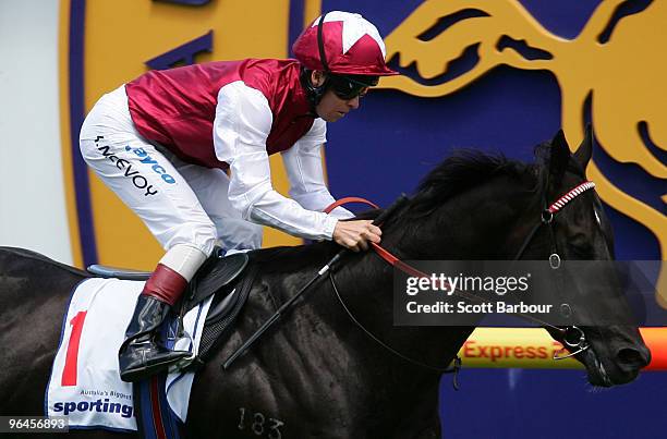 Jockey Kerrin McEvoy riding Denman crosses the line to win the Wellington Racing Club Stakes during the C.F. Orr Stakes Day meeting at Caulfield...