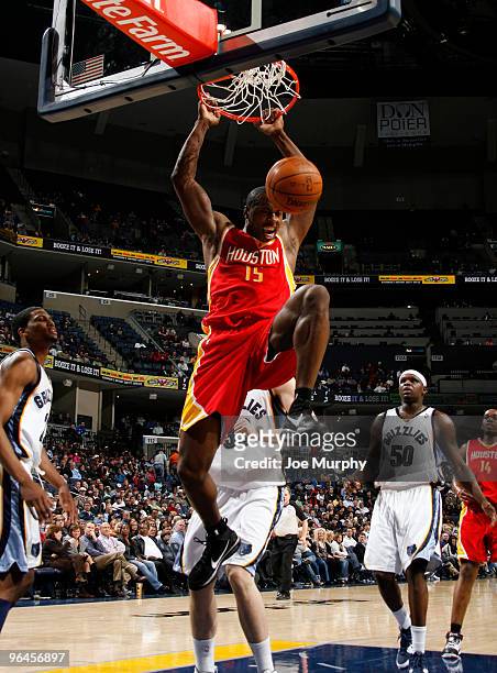 Joey Dorsey of the Houston Rockets on February 5, 2010 throws down a dunk at FedExForum in Memphis, Tennessee. NOTE TO USER: User expressly...
