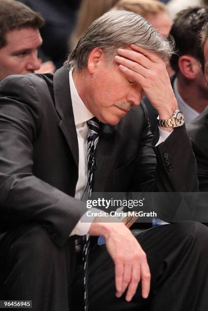 Head coach Mike D'Antoni of the New York Knicks shows his frustration in the final minutes against the Milwaukee Bucks at Madison Square Garden...