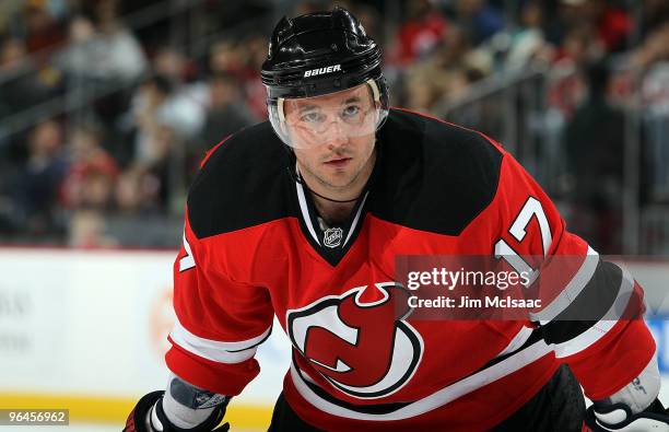 Ilya Kovalchuk of the New Jersey Devils looks on against the Toronto Maple Leafs at the Prudential Center on February 5, 2010 in Newark, New Jersey.