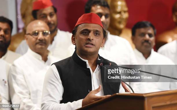 Samajwadi Party Chief Akhilesh Yadav addresses a press conference after candidate Naeemul Hasan's victory in the by-elections on Noorpur assembly...