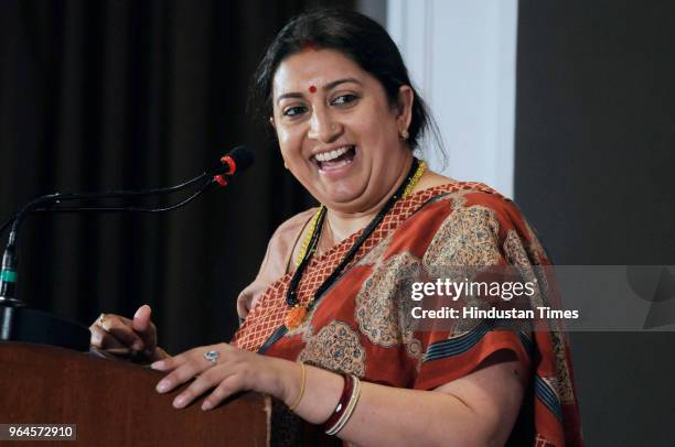 Union Textile Minister Smriti Irani during an interactive session with Merchants' Chamber of Commerce and Industry at Grand Hotel on May 31, 2018 in...