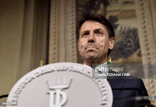 Italy's newly appointed Prime minister Giuseppe Conte announces the list of his government at the Quirinale presidential palace on May 31, 2018 in...