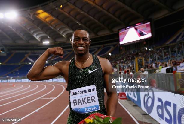 Ronnie Baker of USA celebrates after winning the men's 100m during the IAAF Golden Gala Pietro Mennea at Olimpico Stadium on May 31, 2018 in Rome,...