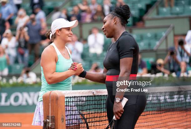 Serena Williams of The United States is congratulated on victory by Ashleigh Barty of Ausralia following their ladies singles second round match...