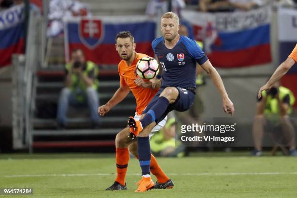 Stefan de Vrij of Holland, Adam Nemec of Slovakia during the International friendly match between Slovakia and The Netherlands at Stadium Antona...
