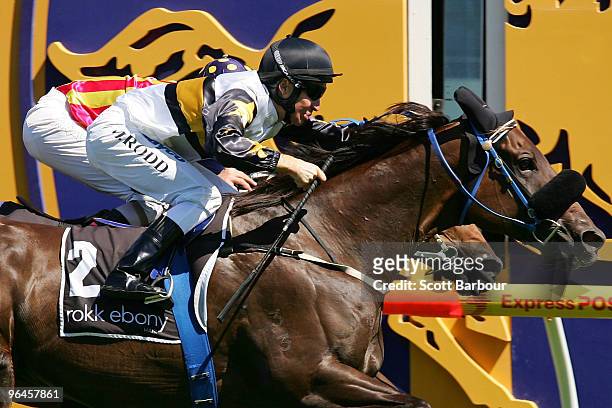Jockey Michael Rodd riding Here De Angels crosses the line to win the Rokk Ebony Rubiton Stakes during the C.F. Orr Stakes Day meeting at Caulfield...