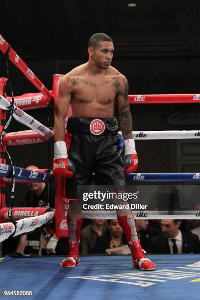 Jonathan Alonso prior to the start of his fight against Jose Guzman at the Hilton Westchester on April 08, 2015 in Rye Brook, New York. Guzman was...