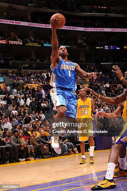 Chauncey Billups of the Denver Nuggets goes up for a shot against the Los Angeles Lakers at Staples Center on February 5, 2010 in Los Angeles,...