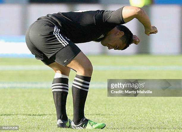 Sherwin Stowers of New Zealand shows his emotion after giving away the ball in the Semi Final Cup match between New Zealand and Samoa during day two...