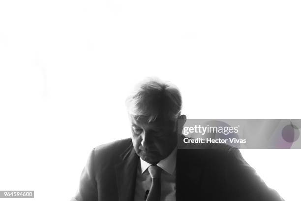 Andres Manuel Lopez Obrador presidential candidate for National Regeneration Movement Party / 'Juntos Haremos Historia' looks on during a conference...