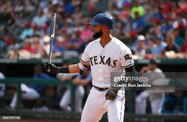 Nomar Mazara of the Texas Rangers at bat against the Kansas City Royals at Globe Life Park in Arlington on May 27, 2018 in Arlington, Texas. The...