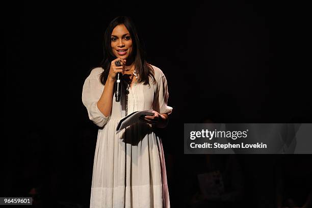 Actress Rosario Dawson speaks at the V-Day benefit reading of Eve Ensler's new work "I Am An Emotional Creature: The Secret Life Of Girls Around The...