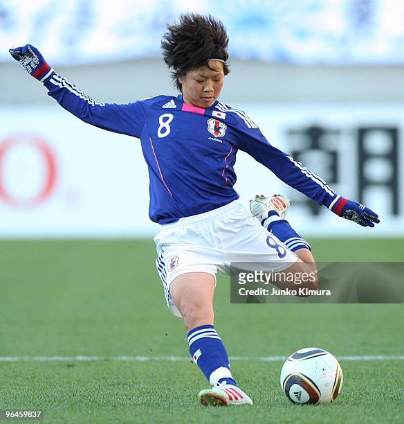 Aya Miyama of Japan kicks during the East Asian Football Federation Women's Football Championship 2010 match between Japan and China at Ajinomoto...