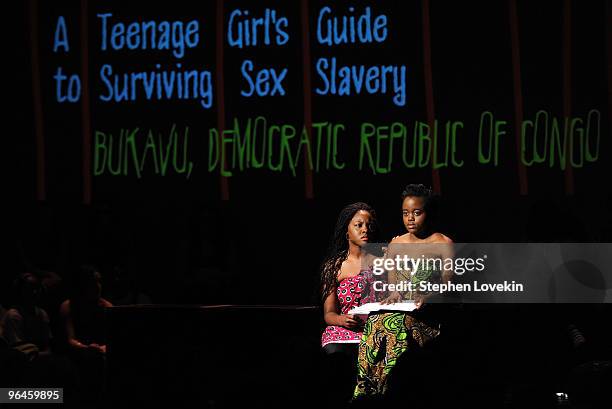 Actors Shaquoya Hemmans and Justine Kaymba perform onstage at the V-Day benefit reading of Eve Ensler's new work "I Am An Emotional Creature: The...