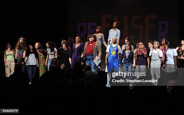 The cast perform onstage at the V-Day benefit reading of Eve Ensler's new work "I Am An Emotional Creature: The Secret Life Of Girls Around The...