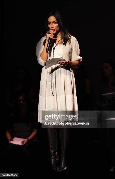 Actress Rosario Dawson speaks at the V-Day benefit reading of Eve Ensler's new work "I Am An Emotional Creature: The Secret Life Of Girls Around The...