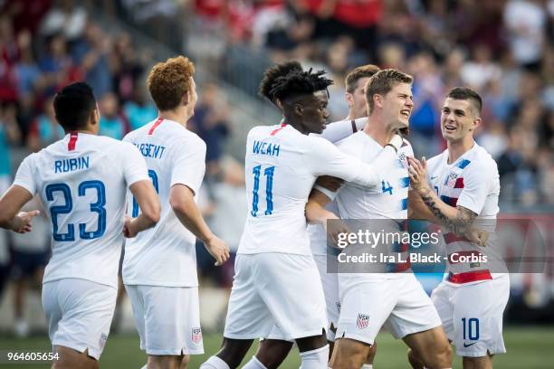 Walker Zimmerman of the US Men's National Team celebrates his 1st national team goal with teammates during the International Friendly Match between...