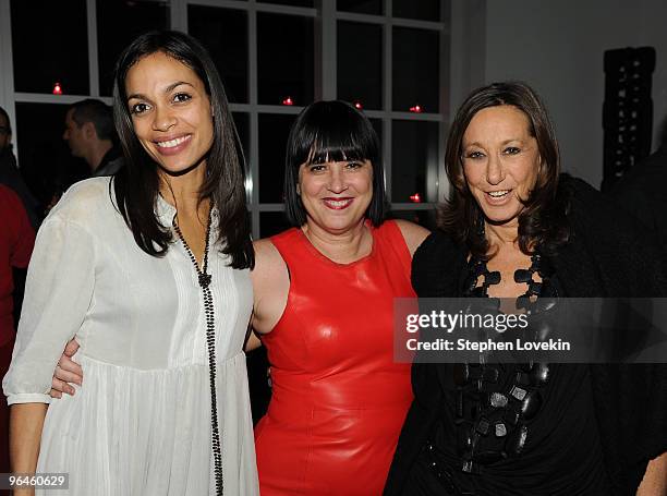 Actress Rosario Dawson, writer Eve Ensler and designer Donna Karan attend the V-Day benefit reading of Eve Ensler's new work "I Am An Emotional...