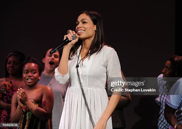 Actress Rosario Dawson speaks onstage at the V-Day benefit reading of Eve Ensler's new work "I Am An Emotional Creature: The Secret Life Of Girls...