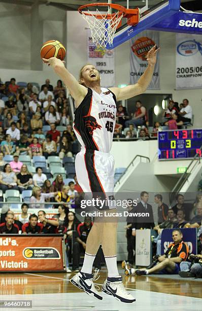 Luke Schenscher of the Wildcats rebounds a ball during the round 19 NBL match between the Melbourne Tigers and the Perth Wildcats at State Netball...