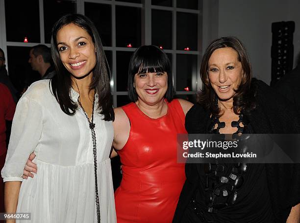 Actress Rosario Dawson, writer Eve Ensler and designer Donna Karan attend the V-Day benefit reading of Eve Ensler's new work "I Am An Emotional...
