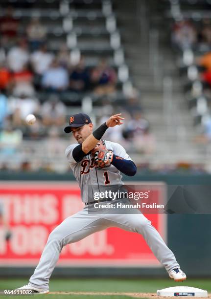 Jose Iglesias of the Detroit Tigers makes a play at shortstop against the Minnesota Twins during the game on May 23, 2018 at Target Field in...