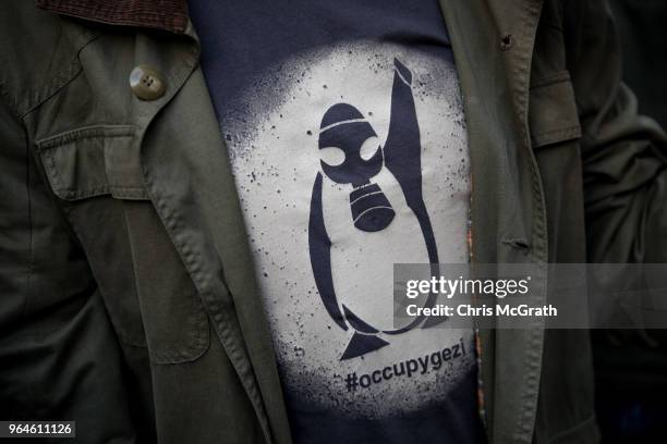 Man wears an OccupyGezi t-shirt during a protest marking the fifth anniversary of the Gezi Park protests on Istiklal street on May 31, 2018 in...