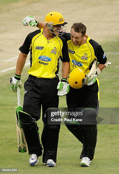 Luke Pomersbach and Luke Ronchi of the Warriors celebrate winning the Ford Ranger Cup match between the Western Australian Warriors and the South...