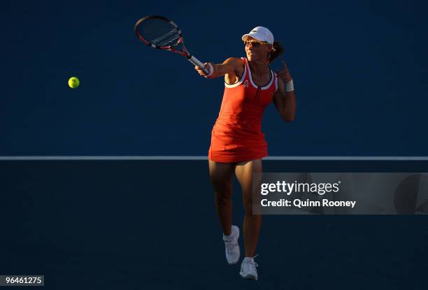 Sam Stosur of Australia plays a forehand in her singles match against Maria Jose Martinez Sanchez of Spain during the 2010 Fed Cup World Group II tie...