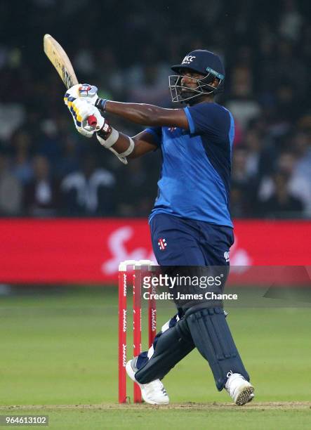 Thisara Perera of the during the Hurricane Relief T20 match between the ICC World XI and West Indies at Lord's Cricket Ground on May 31, 2018 in...