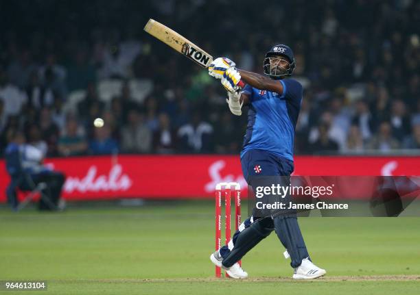 Thisara Perera of the during the Hurricane Relief T20 match between the ICC World XI and West Indies at Lord's Cricket Ground on May 31, 2018 in...