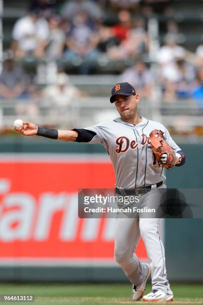 Jose Iglesias of the Detroit Tigers makes a play at shortstop against the Minnesota Twins during the game on May 23, 2018 at Target Field in...